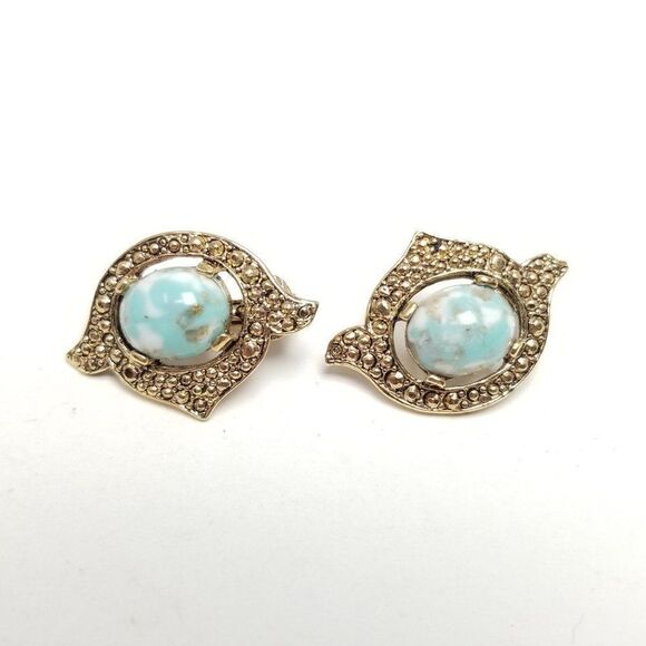 Vintage Sarah Coventry Blue Cabochon Clip On Earrings, Retro 70s Style, Signed - Picture 1 of 7